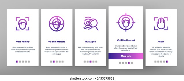 Verification of ID Vector Onboarding Mobile App Page Screen. Verification, Biometric Data Encryption Linear Pictograms. Person Identification, Fingerprint Check, Facial Features Scanning Illustrations