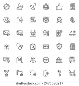 Verification line icons set. linear style symbols collection, outline signs pack. Confirmation vector graphics. Set includes icons as approval stamp, checkmark, validation, certified seal, verified