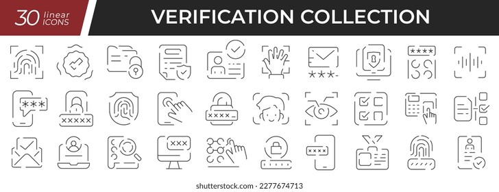 Verification linear icons set. Collection of 30 icons in black