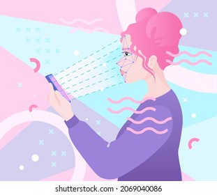 Verification on smartphone - concept. Woman face recognition. Biometric scan - vector illustration in abstract style. Light pink, lilac, mint palette