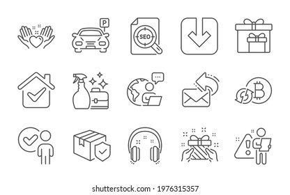 Verification person, Hold heart and Gift line icons set. Refresh bitcoin, Headphones and Parcel insurance signs. Parking, Share mail and Load document symbols. Line icons set. Vector