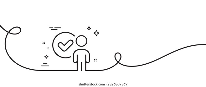Verification person line icon. Continuous one line with curl. Accepted man sign. Approved symbol. Verification person single outline ribbon. Loop curve pattern. Vector