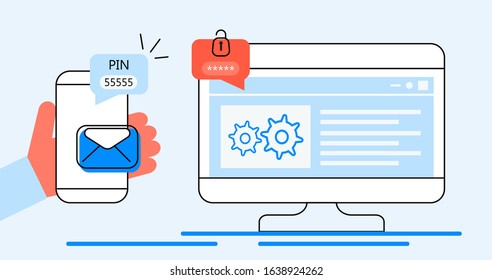 Verification pin code, security code message. Laptop and smartphone with e-mail, bubble chat. Verification online in control system for personal account, banking. Two step authentication vector.