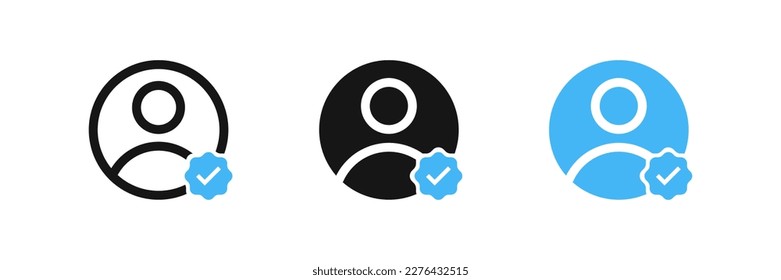 Verification profile icon. Confirm user symbol. Badge check mark signs. Access symbols. Identification icons. Black and blue color. Vector isolated sign.