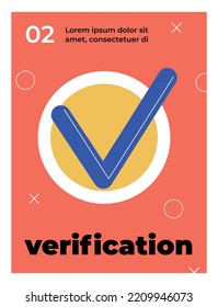 Verification Red Poster. Large Blue Checkmark In Yellow Circle. Authorization And Authentication. Graphic Element, Retro Style Cover, Advertising Old Booklet. Cartoon Flat Vector Illustration