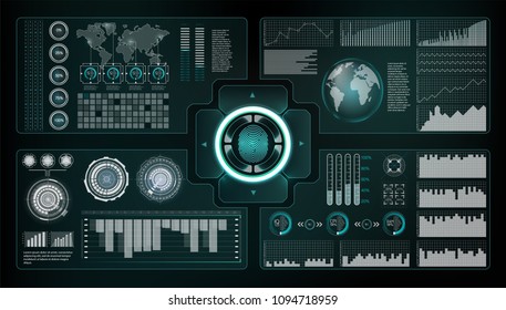 Verification scanners set. Finger Scan in Futuristic Style. Biometric id with Futuristic HUD Interface. screen monitor background template. Scanning Technology Concept Illustration. Identification