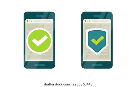 Verification security website on cell phone check mark and secure shield online vector icon, valid verified digital electronic data on cellphone smartphone screen, web protection modern design image