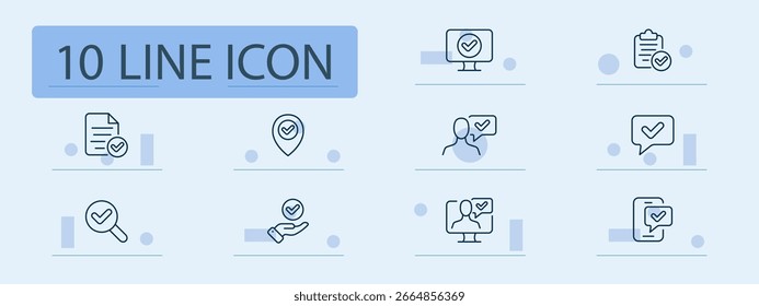 Icono de conjunto de verificación. Marcas de verificación integradas con personas, ubicaciones, documentos, dispositivos, mensajes y lupas en los conceptos de Web y móvil mediante el lenguaje visual descrito