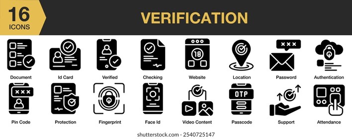 Conjunto de iconos sólidos de verificación. Incluye asistencia, autenticación, comprobación, documento, identificación facial, huella digital y más. Colección de Vector de iconos sólidos.