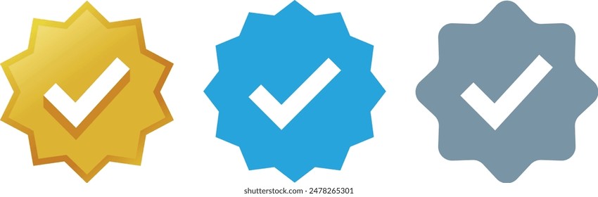 Verification star icon set isolated on white background. Verify badge collection in different shapes in gold gradient, blue and grey colour symbol. Modern, simple, vector for website design, mobile ui