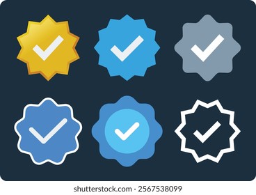 Verification star icon set isolated on white background. Verify badge collection in different shapes in gold gradient, blue and grey colour symbol. Modern, simple, vector for website design, mobile ui