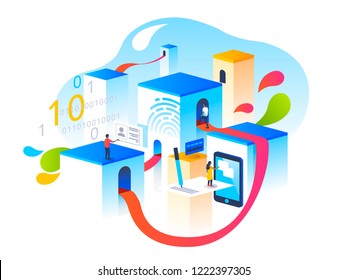 Verification steps. People interacting with info graphics via application. 3D vector isometric illustration