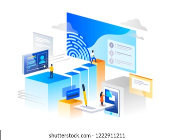 Verification steps. People interacting with info graphics via application. 3D vector isometric illustration Verification steps. People interacting with info graphics via application. 3D vector isometric illustration