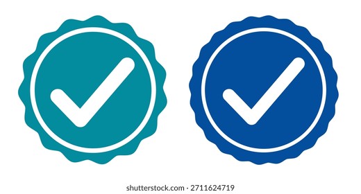 Verification symbol with a check mark. The verification icon is blue on white background.