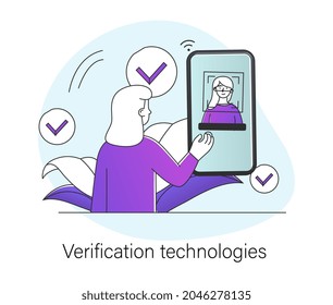 Verification technologies. Woman confirms her identity using digital scanner. Character gets access to account. Information security. Cartoon flat vector illustration isolated on white background