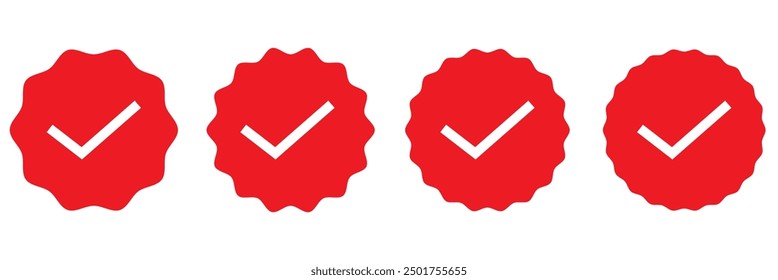 Verification or verified badge icon set in red color. Red verification badge icon isolated on white background.