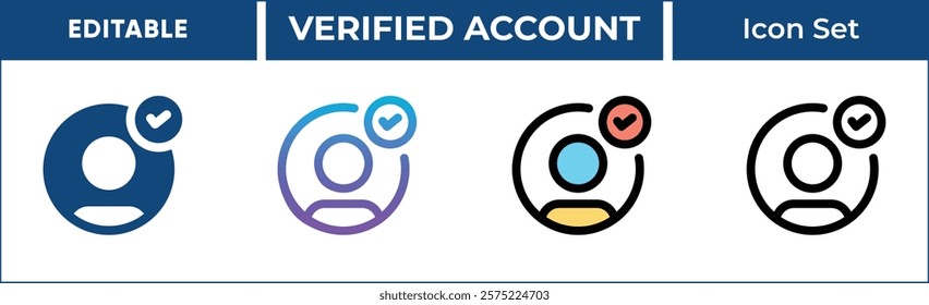 Verified Account Icon Set. Editable Vector Icons for verified user, profile verification, account authentication, security, and more. Includes line, gradient, filled, and outline styles.