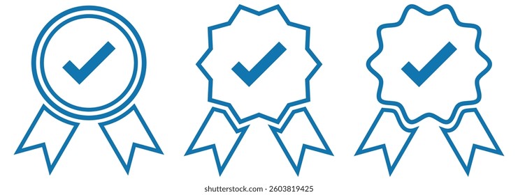 Verified account icon set vector design. Quality Badge Set. Check mark award icon set. Flat line art symbols template. Approve Line Icon. Suitable for Web Page, Mobile App, UI, UX and guide. EPS 10. 
