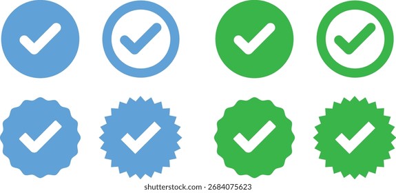 Ilustración verificada del diseño del Vector del conjunto del icono de la Cuenta. Icono Aprobado. Verificación de Perfil. Acepte la insignia. Icono de calidad. Marca de verificación. Pegatina con garrapata. Ilustración vectorial.