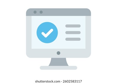 Verified approval check mark icon on desktop monitor, computer check mark icon, approval check mark, verified check icon, PC verification