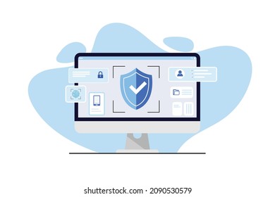 Proceso de validación de aprobación verificada en pantalla de computadora, blindaje de seguridad, método de verificación segura, página web de autenticación de 2 pasos, negocio de protección de datos de seguridad informática de concepto.