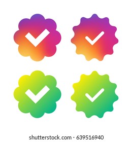 Verified and approve sign for social networks. Vector kit. Good for web badges, buttons, pins. Gradient modern background.