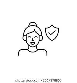 Seguridad de audio verificada, protección auditiva de usuario de confianza, calidad segura. Mujer escuchando con auriculares. Icono de Vector de trazo perfecto y editable