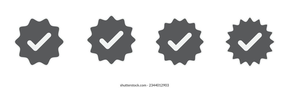 Verified and authentic tick mark icon set,  Verified icon stamp with soft grey outline. Approved profile sign. Tick in rounded corners star. Check mark symbol. Verification Vector illustration.