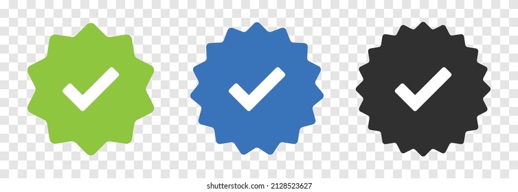 Conjunto de iconos de marcado verificado. Marque el icono de marca en el botón de diseño transparente.