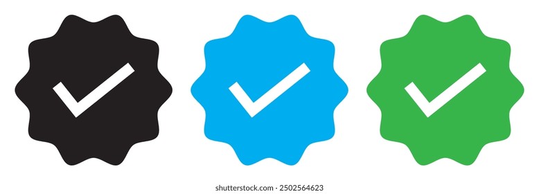 Verified badge icon set. Check mark icon on badge on white background.