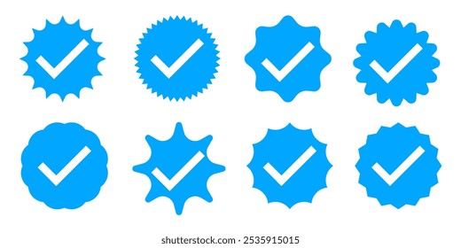 Conjunto de iconos de insignia verificada, conjunto de insignias de perfil, colección de iconos de verificación de Cuenta. Iconos de etiquetas de verificación de Cuenta de redes sociales . Marque los iconos de color azul. Círculo redondo borde dentado Vector de la garrapata