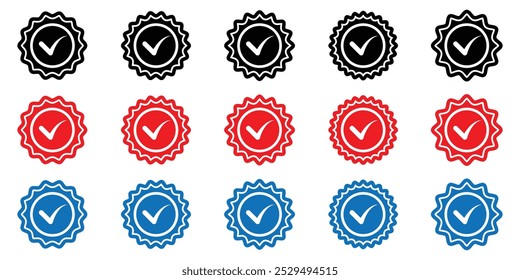 Conjunto de iconos de insignia verificada. marca de verificación. icono aprobado. Conjunto de iconos de insignia de verificación de color negro, rojo y azul aislado sobre fondo blanco.