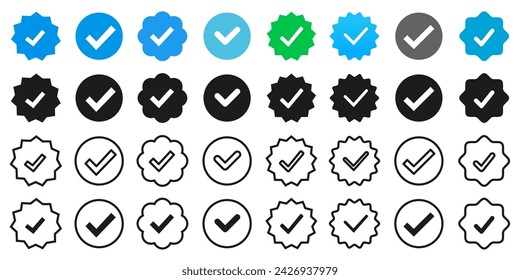 Verified badge icon tick, check marks set symbol, guaranteed safety person sign, blue green black checkmark signs, account verification icon, certificate quality certify, set verified profile badges