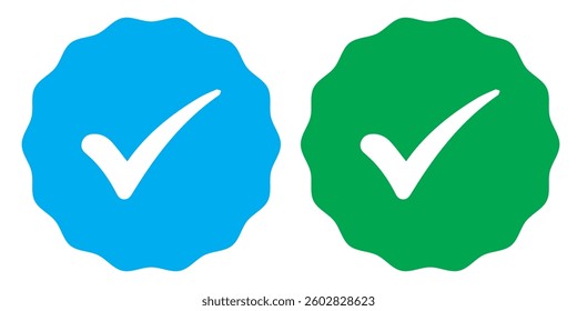 Verified badge icon tick symbol vector approved check mark icon. Blue green checkmark icons - Certificate badge Quality certify icon