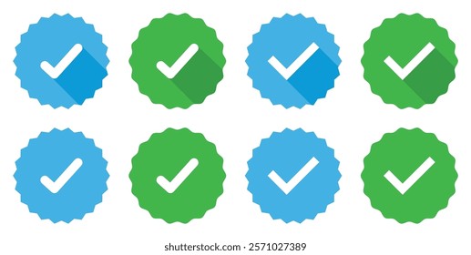 Verified badge icons set in blue and green color. Approved tick buttons set isolated. Certificate badge. Quality certified icons. Account verification checkmark sign. Vector illustration