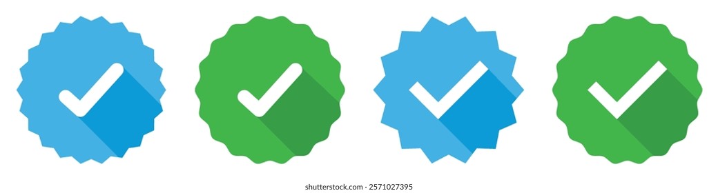 Verified badge icons set in blue and green color. Approved tick buttons set isolated. Certificate badge. Quality certifies icons. Account verification checkmark symbol. Vector illustration.