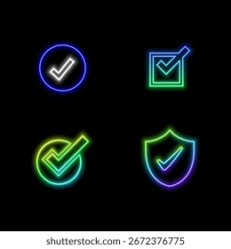 Icono verificado de la marca de la insignia, estilo de neón, icono verificado y auténtico de la marca de verificación, signo de Aprobación. Conjunto de iconos verificados de redes sociales. Sello de rango superior de Internet. Ilustración vectorial..