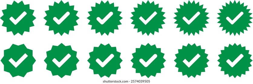 Verified badge profile set. Instagram verified badge. Social media account verification icon. Verified symbol. Green check mark icon. Profile verified. Checkmark sign. Approval done element collection