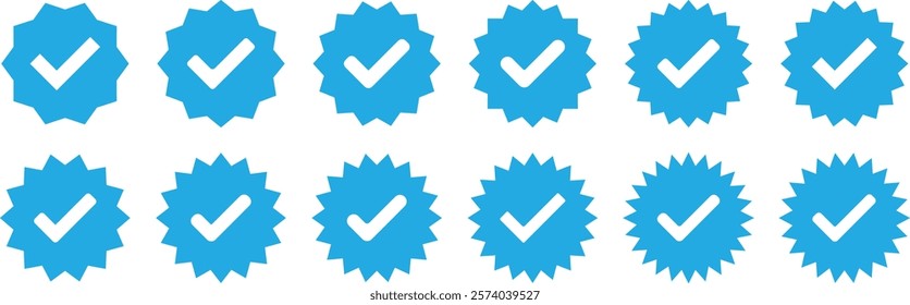 Verified badge profile set. Instagram verified badge. Social media account verification icons. Blue check mark icon. Profile verified. Checkmark sign. Verified symbol. Approval done element collection