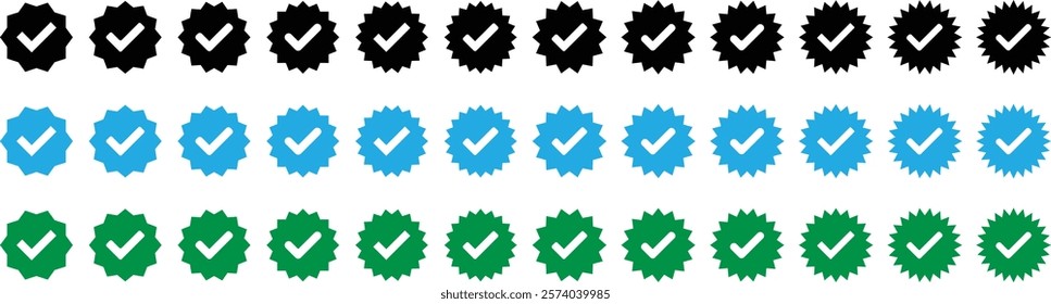 Verified badge profile set. Instagram verified badge. Social media account verification icons. Blue, green and black Verified badge or icons. Profile verified. Checkmark sign. Verify symbol