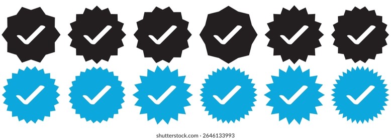 Conjunto de perfiles de insignia verificado. Insignia verificada de Instagram. Icono de verificación de Cuenta de redes sociales. Símbolo verificado. Icono de marca de verificación azul. Perfil verificado. Signo de marca de verificación. Aprobación hecha elemento colección