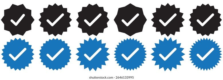 Verified badge profile set. Instagram verified badge. Social media account verification icon. Verified symbol. Blue check mark icon. Profile verified. Checkmark sign. Approval done element collection