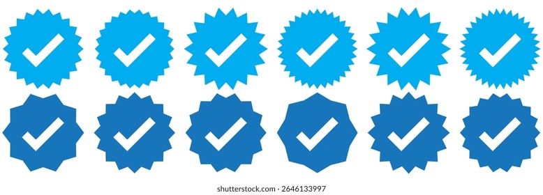 Verified badge profile set. Instagram verified badge. Social media account verification icon. Verified symbol. Blue check mark icon. Profile verified. Checkmark sign. Approval done element collection