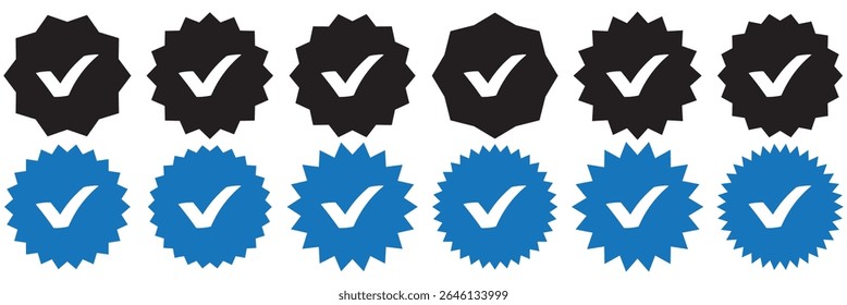 Verified badge profile set. Instagram verified badge. Social media account verification icon. Verified symbol. Blue check mark icon. Profile verified. Checkmark sign. Approval done element collection