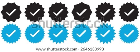 Verified badge profile set. Instagram verified badge. Social media account verification icon. Verified symbol. Blue check mark icon. Profile verified. Checkmark sign. Approval done element collection