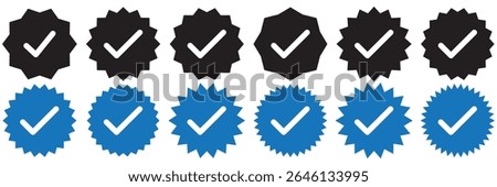 Verified badge profile set. Instagram verified badge. Social media account verification icon. Verified symbol. Blue check mark icon. Profile verified. Checkmark sign. Approval done element collection