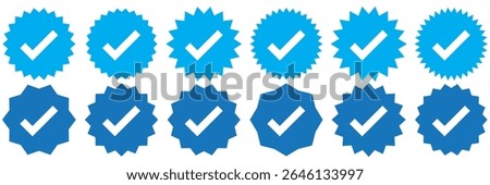 Verified badge profile set. Instagram verified badge. Social media account verification icon. Verified symbol. Blue check mark icon. Profile verified. Checkmark sign. Approval done element collection