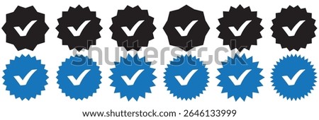 Verified badge profile set. Instagram verified badge. Social media account verification icon. Verified symbol. Blue check mark icon. Profile verified. Checkmark sign. Approval done element collection