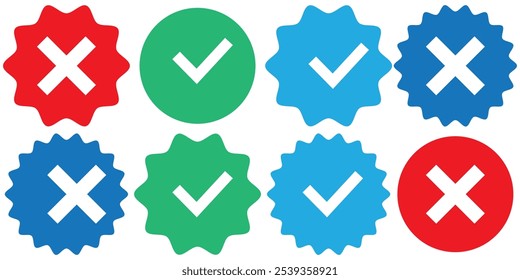 Verified badge profile set. Social media account verification icons . Isolated check mark on black and blue. Guaranteed signs. Vector illustration