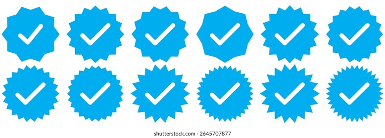 Verifizierter Badge-Profilsatz. Geprüfter Ausweis. Gültig. Symbol für die Überprüfung von Social Media-Konten. Plakette überprüfen. Blau Verifizierter Badge-Symbolsatz. Satz verifizierter Abzeichen